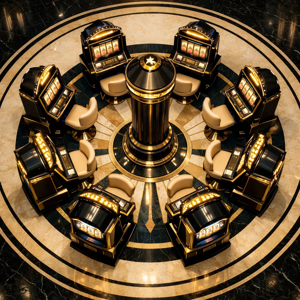 Gouden art-deco gokkast met gestapelde piramidemotieven op zwarte achtergrond